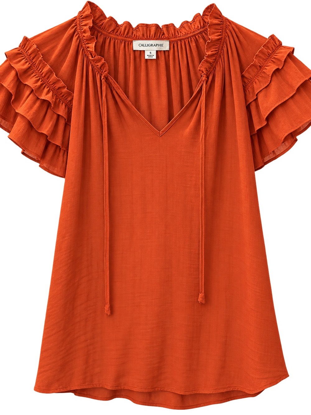 Women's Rust Orange Ruffle Sleeve Peasant Top
